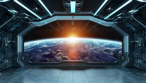 dark blue spaceship futuristic interior with window view on planet earth 3d rendering elements of this image furnished by nasa - space exploration imagens e fotografias de stock