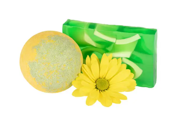 Bath ball, handmade soap and yellow flower