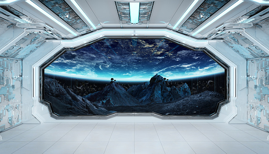 Nave espacial corredor negro con vista en el espacio y planeta Tierra elementos de representación 3D de esta imagen amueblada por la NASA photo