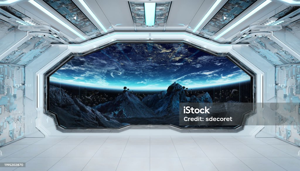 Spaceship black corridor with view on space and planet Earth 3D rendering elements of this image furnished by NASA Spaceship Stock Photo