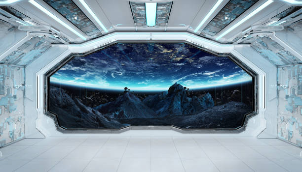 Spaceship black corridor with view on space and planet Earth 3D rendering elements of this image furnished by NASA stock photo