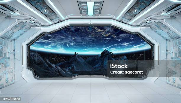 Spaceship Black Corridor With View On Space And Planet Earth 3d Rendering Elements Of This Image Furnished By Nasa Stock Photo - Download Image Now