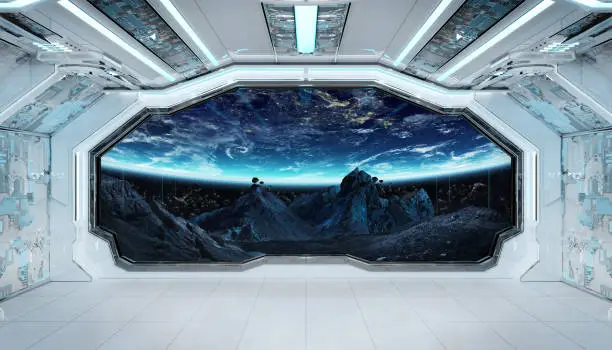 Photo of Spaceship black corridor with view on space and planet Earth 3D rendering elements of this image furnished by NASA