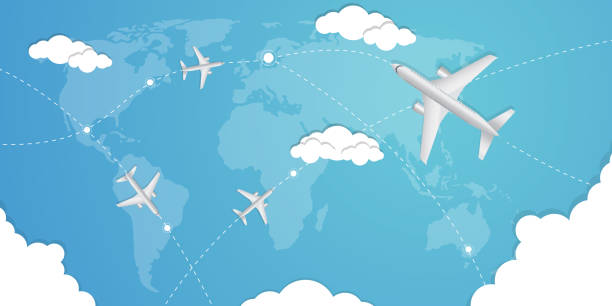 istock Airplane flying and trace a blue dashed trace line on a world map. Travel concept illustration in vector. Flat design. 1195204026