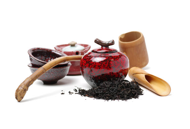 Closeup of tea set on white background