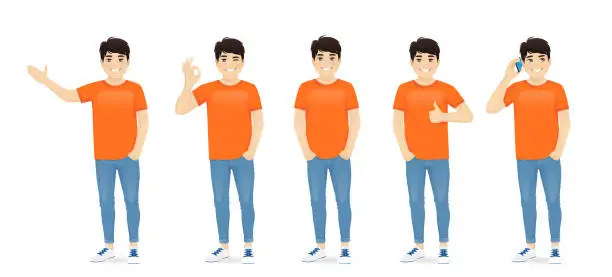 Vector illustration of Young asian man in casual clothes set