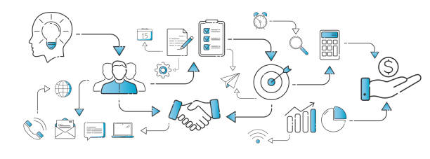 Business plan in thin line icons style on white background