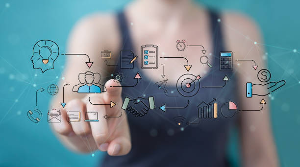 Businesswoman on blurred background protecting her datas with thin line security interface