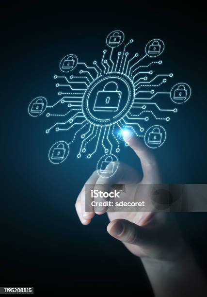 Businesswoman On Blurred Background Protecting Her Datas With Thin Line Security Interface Stock Photo - Download Image Now