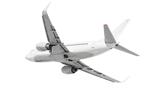 istock Flying modern passenger aircraft on turn isolated on a white background. Bottom view 1195213615