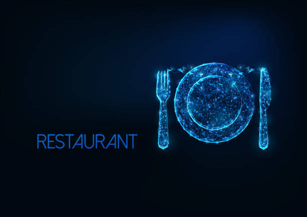 illustrazioni stock, clip art, cartoni animati e icone di tendenza di concetto futuristico di business della ristorazione con forcella, coltello e piatto in argento poligonale incandescente - plate dinning table blue
