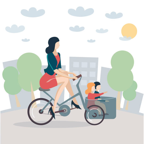 junge frau radfahren mit zwei kinder familie cargo dreirad, - lastenrad stock-grafiken, -clipart, -cartoons und -symbole