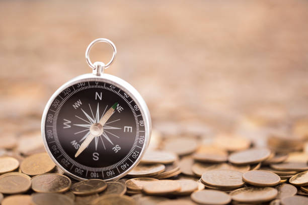 istock Financial concept with coins and compass 1195220222