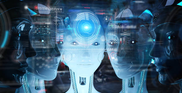 istock Group of female robots heads using digital hologram screens interface 3d rendering 1195220554