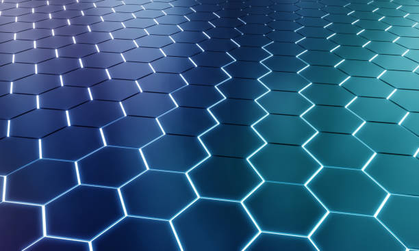 istock Glowing black and blue abstract hexagons background pattern on silver metal surface 3D rendering 1195220564