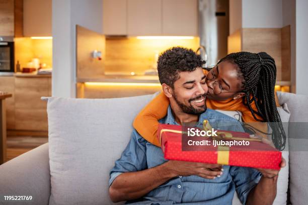 Couple In Love Celebrating Birthday Stock Photo - Download Image Now - Gift, Giving, Husband