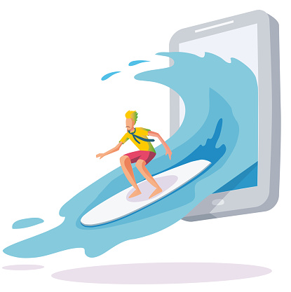 surfing online a smartphone wave vector illustration. Surfing the web for banner