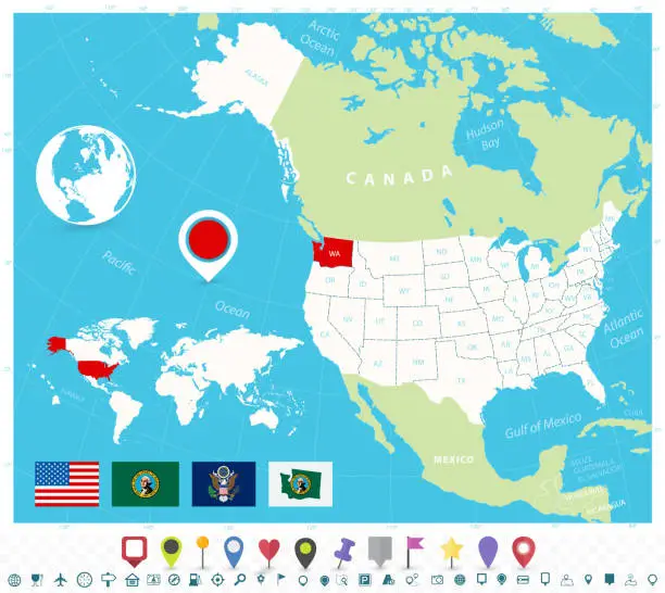 Vector illustration of Location of Washington on USA map with flags and map icons