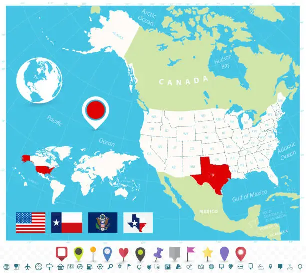 Vector illustration of Location of Texas on USA map with flags and map icons
