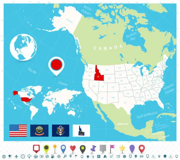 Vector illustration of Location of Idaho on USA map with flags and map icons