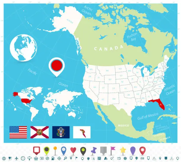 Vector illustration of Location of Florida on USA map with flags and map icons