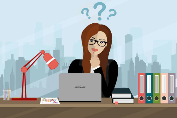 Thinking business woman under question marks. Young caucasian business woman thinking in office. Thinking business woman surrounded by question marks. Vector flat design illustration. Thinking business woman under question marks. Young caucasian business woman thinking in office. Thinking business woman surrounded by question marks. Vector flat design illustration. women under 20 stock illustrations
