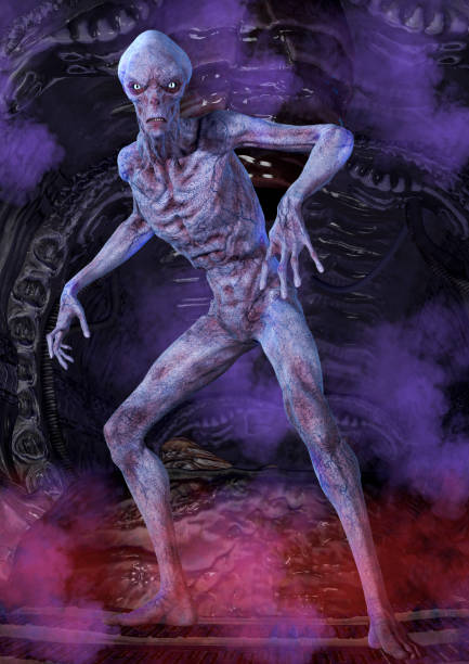 istock Creepy alien in a dark cave. 1195226897