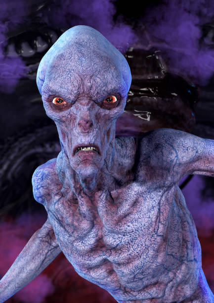 istock Creepy alien in a dark cave. 1195226905