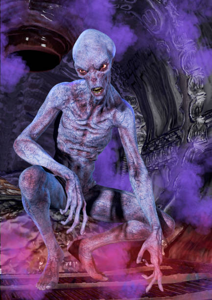 istock Creepy alien in a dark cave. 1195226913