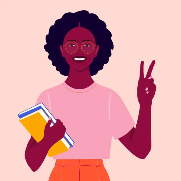 Vector illustration of An African girl smiles and shows a victory sign. Happy student with books. Hand gesture.