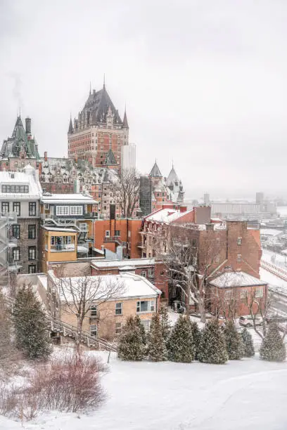 Can see the Chateau Frontenac with snow in a misty morning