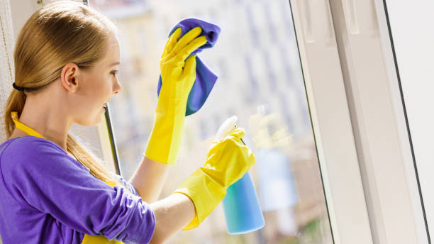 istock Girl cleaning window at home 1195232014