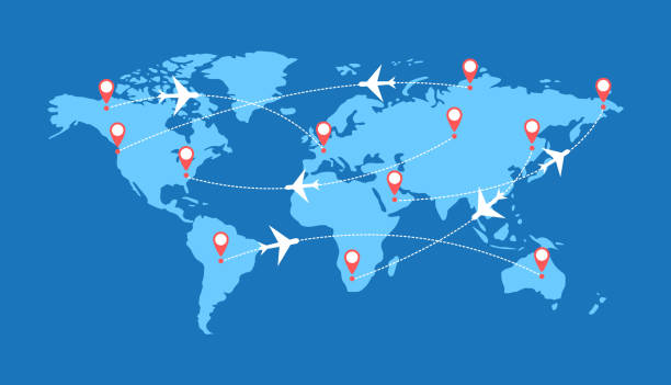 istock Infographics with airplanes, dotted paths and pointers on the world map. The trajectory of the route of the aircraft. 1195232211