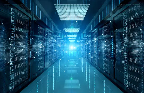 Photo of Connection network in dark servers data center room storage systems 3D rendering