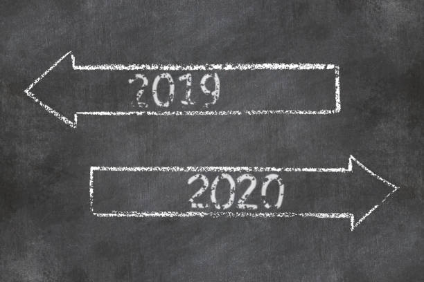 istock Two direction signs with arrows and numbers 2019 and 2020 on chalkboard background. 1195234255