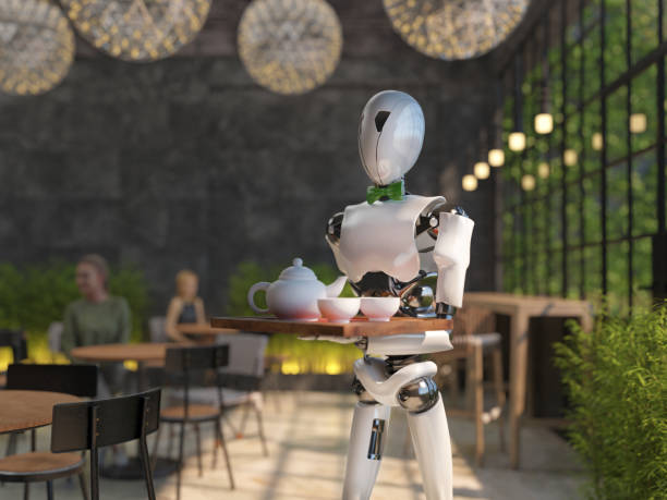 ヒューマノイドロボットウェイターは、レストランで食べ物や飲み物のトレイを運びます。人工知能はメンテナンススタッフに取って代わる。未来のコンセプト。3d レンダリング - ロボット ストックフォトと画像