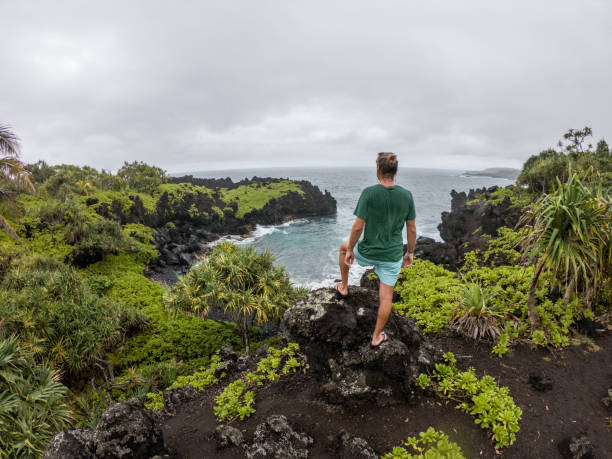 istock Young man on rocks by the sea contemplating view 1195238357