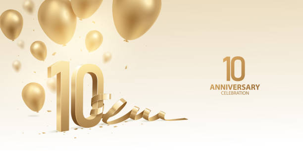 10th Anniversary Celebration Background 10th Anniversary celebration background. 3D Golden numbers with bent ribbon, confetti and balloons. 10th anniversary stock illustrations