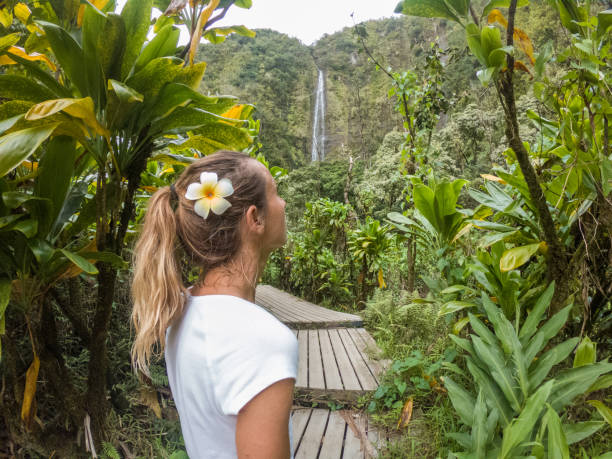 istock Young woman walking in tropical rainforest exploring nature 1195239908