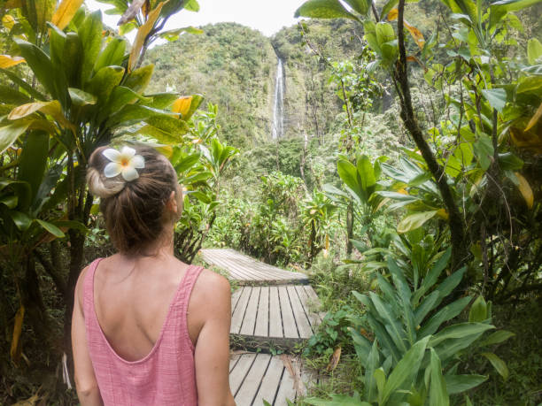 istock Young woman walking in tropical rainforest exploring nature 1195240718