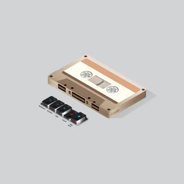 Vector illustration of Isometric vintage audio cassette and a set of play buttons
