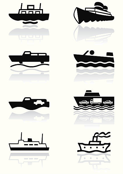 illustrazioni stock, clip art, cartoni animati e icone di tendenza di barca simbolo set di illustrazione vettoriale. - ferry container ship cruise sailing ship
