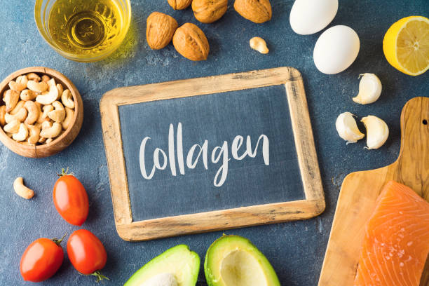 Food rich in collagen concept. Healthy eating and dieting with salmon fish, avocado, eggs and nuts. Food rich in collagen concept. Healthy eating and dieting with salmon fish, avocado, eggs and nuts. Top view from above collagen photos stock pictures, royalty-free photos & images