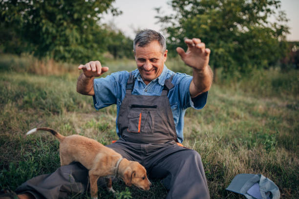 One senior farmer sitting in orchard and playing with puppy.