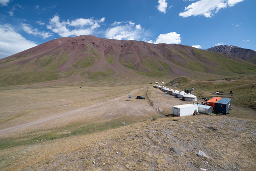 Pamir highway, Kyrgyzstan, circa august 2019: Yurts in the village in Pamir highway, Kyrgyzstan