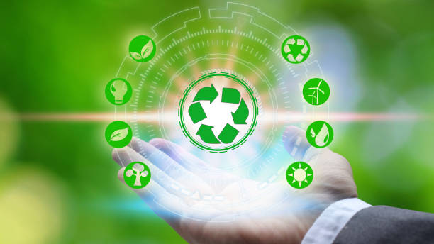 istock Hand holding and protection with environment icons over the Network connection on nature background, Technology ecology concept. 1195251305