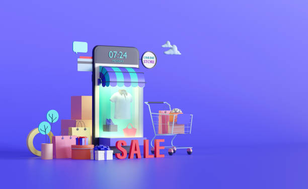 istock Shopping on-line. Online store on website or mobile application. 3d rendering background. digital marketing shop 1195252727