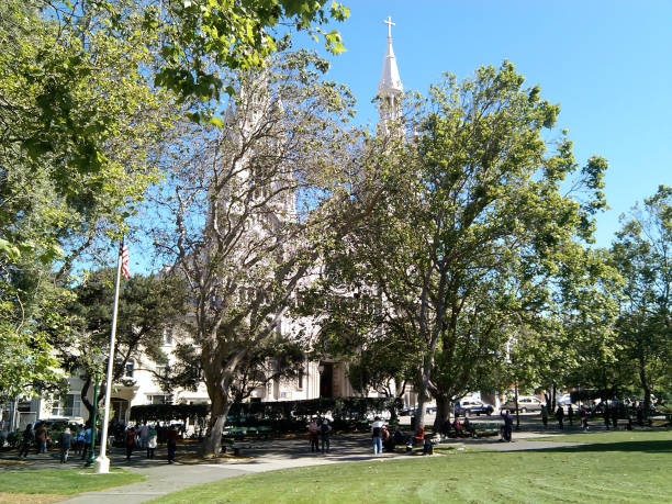 Washington Square view with Saints Peter and Paul Church behind the trees stock photo
