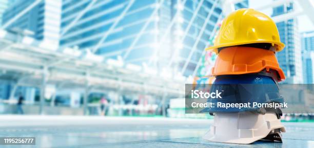 Multicolored Safety Construction Worker Hats Teamwork Of The Construction Team Must Have Quality Whether It Is Engineering Construction Workers Have A Helmet To Wear At Work For Safety At Work Stock Photo - Download Image Now