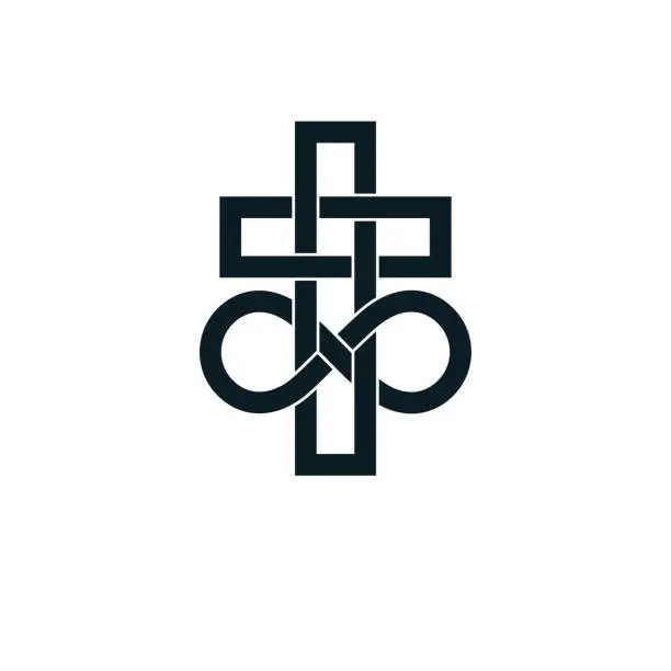 Vector illustration of Immortal God conceptual symbol combined with infinity loop sign and Christian Cross, vector creative logo.